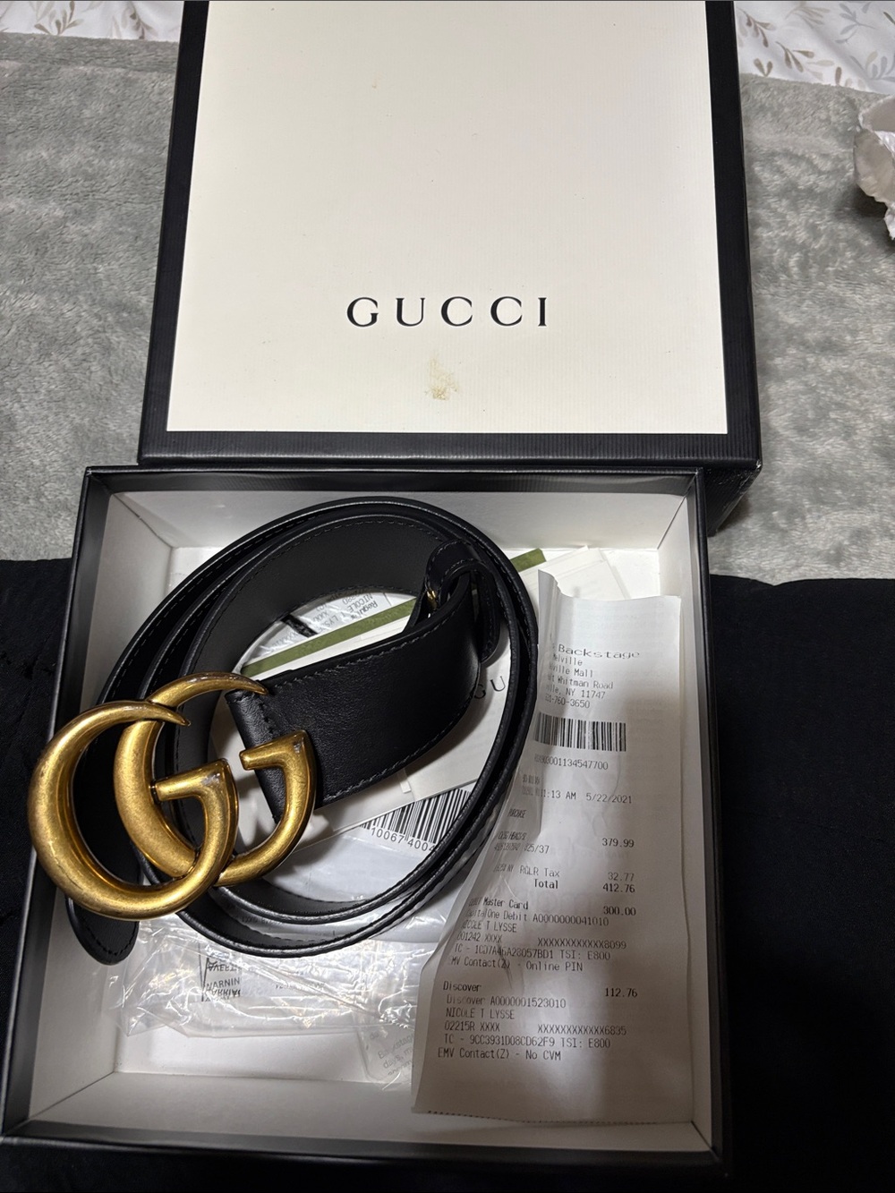 Gucci Black Leather Belt with Aged Gold Double G Buckle with 2 extra hole